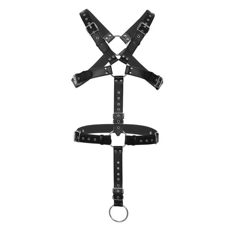 MSemis Men Leather Bondage Full Body Bondage Harness Detachable Strap with O Ring Open Crotch Men Harness Gay Adult Game