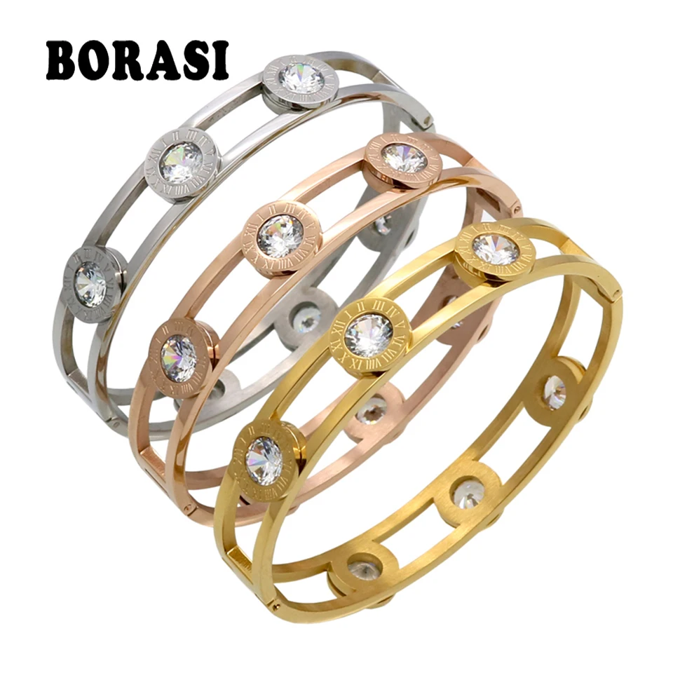 BORASI Moveable Crystal Cuff Bracelet Gold Color Bangle Stainless Steel Bracelet For Women Bracelets & Bangles Wholesale