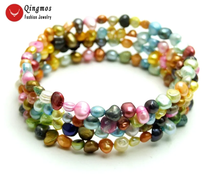 

Qingmos Natural Pearl Bracelets for Women with 4-5mm Baroque Multicolor Pearl Steel Wire Wrap Bracelet Fine Jewelry 28'' bra447