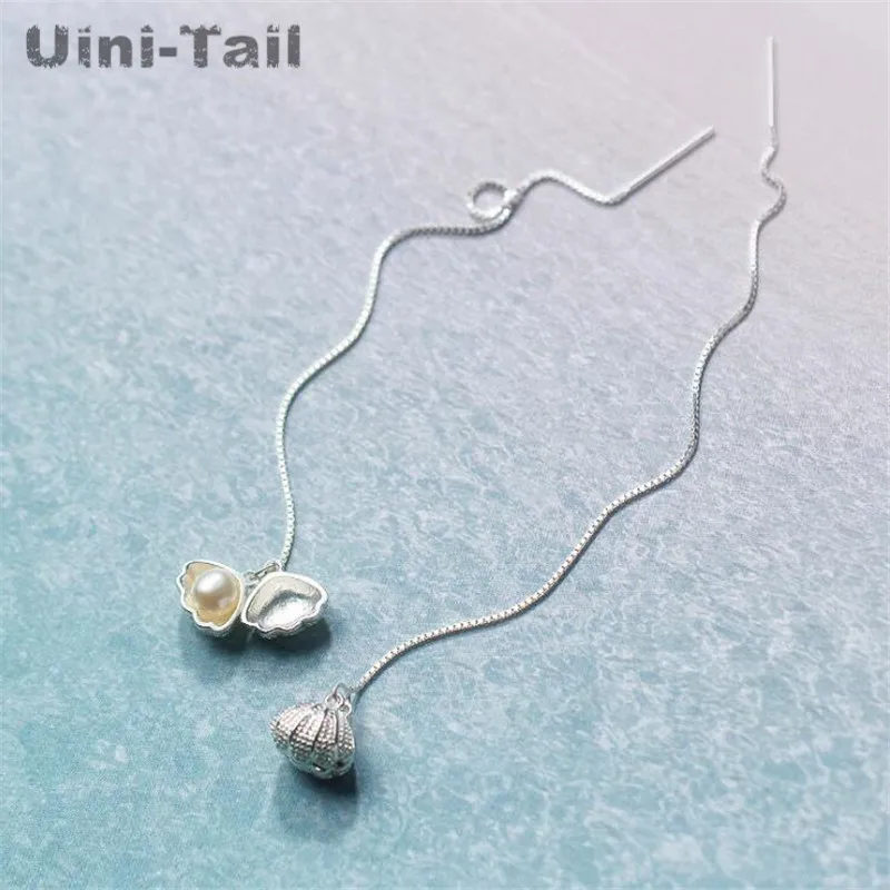 Uini-Tail hot new 925 Tibetan silver Korean sweet shell earrings long pearl tassel earrings wild temperament simple fresh ED245