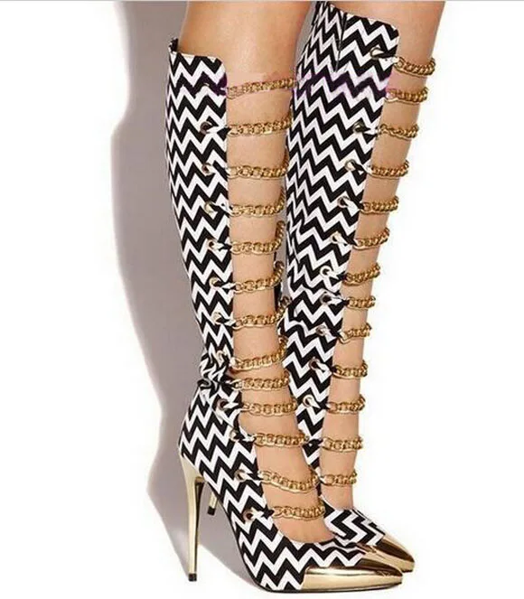 Sexy Gold Chains Decorated Boots Pointed Toe High Heel Knee High Gladiator Sandals Boots For Women Summer Dress shoes woman Free