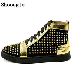 SHOOEGLE Newest Black Gold Rivets Men Shoes Fashion Studs Lace-up Shoes Men Hightop Flat Casual Shoes Sneakers Motorcycle Shoes