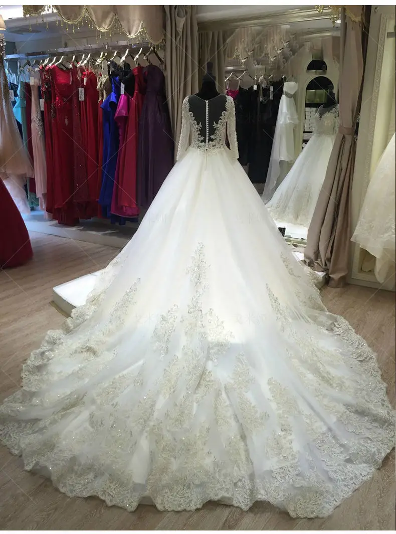 Vestido de novia de manga larga de encaje de princesa de lujo, traje de baile de talla grande, 2021