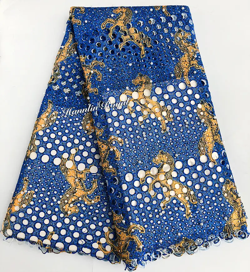 blue yellow horses printed Guipure lace African cord lace garment sewing fabric with lots of stones beads 5 yards/pc