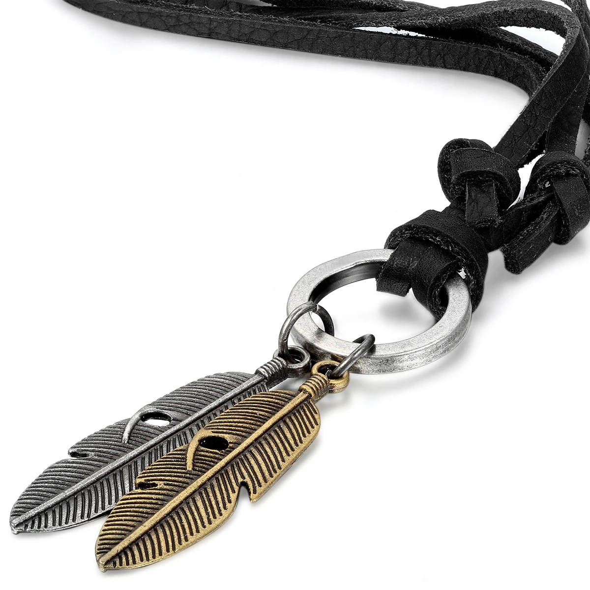 BONISKISS New Trendy Antique Bronze Angel Feather Leather Cord Mens Necklace Chain, Gold Silver Color  Brown Cool Gift