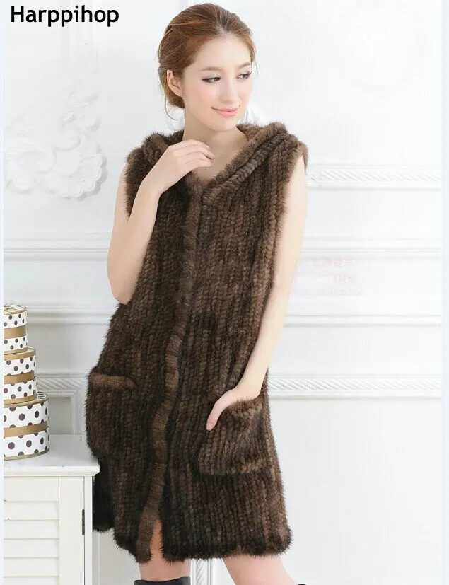 Women Real Knitted Mink Fur Vest With Belt Long Design Genuine Fur Coat With Hood Cape Jacket Mink Overcoat winter 2017 New