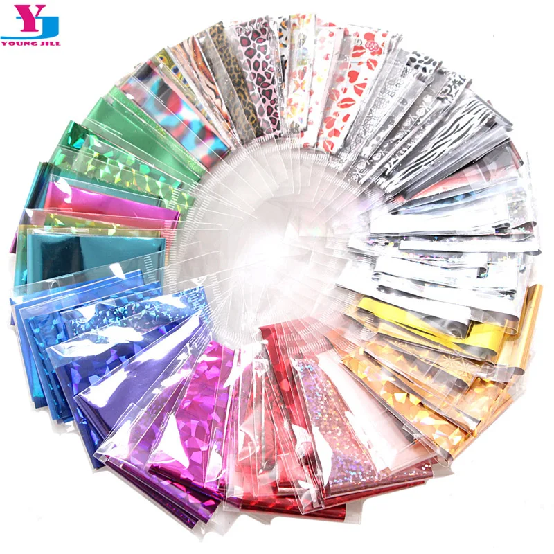 

Wholesale 60pcs Mix Color Nail Art Foils Transfer Shiny Laser Negel Sticker DIY Glitter 3D Unghie Decoration Mirror Nails Makeup