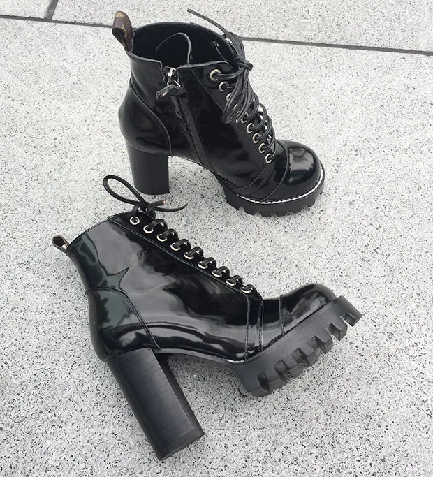 Leather boots women lace up autumn winter ankle boots for women platform high heels boots REAL PIC