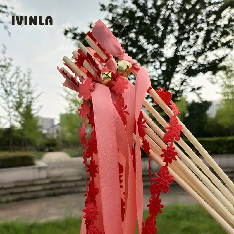 

30pcs/ watermelon red wedding ribbon wands with gold bell ribbon Twirling Streamers wedding ribbon stick