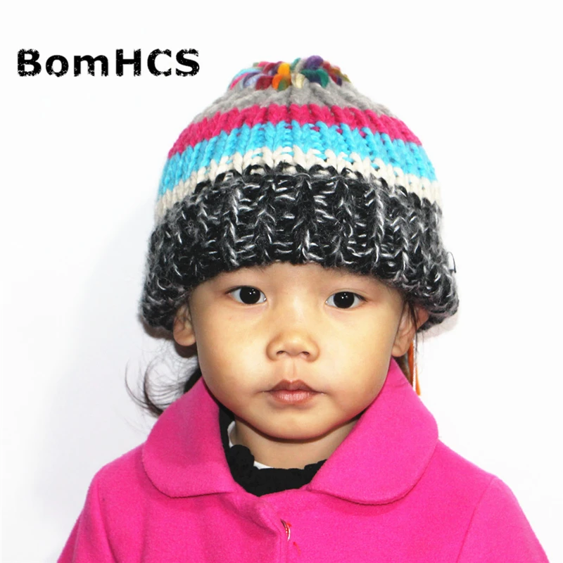 BomHCS Novetly Winter Wig Hat for Kids Age 3-10 100% Handmade Knitted Stripe CONTRAST Colors Beanie Cap