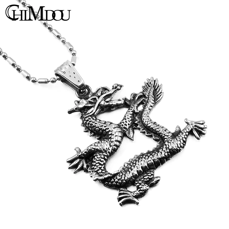 CHIMDOU Banquet Hot sale China Ethnic Men Stainless Steel Silver Color Dragon Pendant Necklace P497