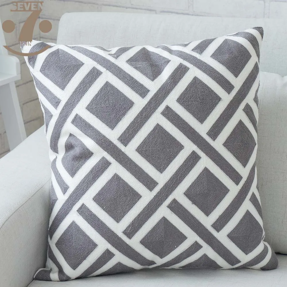 Free Shipping High Quality Thick Knitting Wool Embroidered Yellow Red Blue Grey Geometric 45x45cm Square Pillow Cover