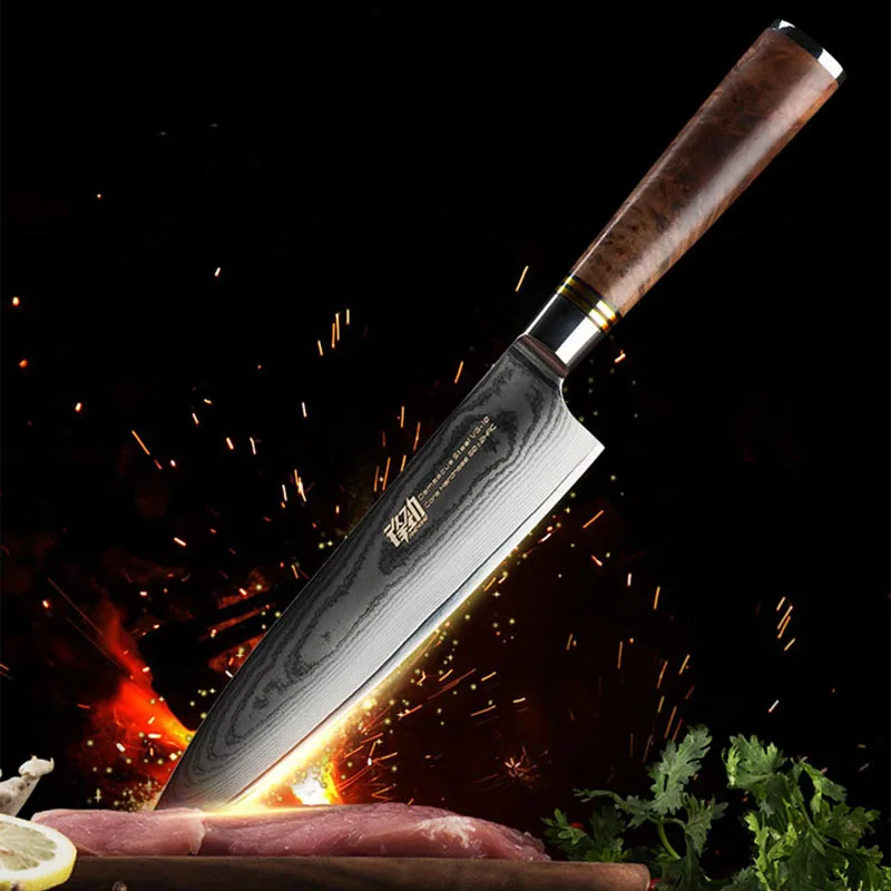 

FINDKING 8 inch Sapele Wood Handle Damascus Chef Knife 67 layers Japenese Damascus Steel Kitchen Knife with wooden cover