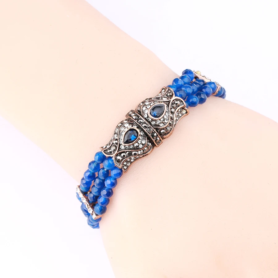 Kinel Luxury Blue Natural Stone Bracelets For Women Antique Gold Color Hollow Crystal Flower Bracelets Vintage Jewelry Wholesale