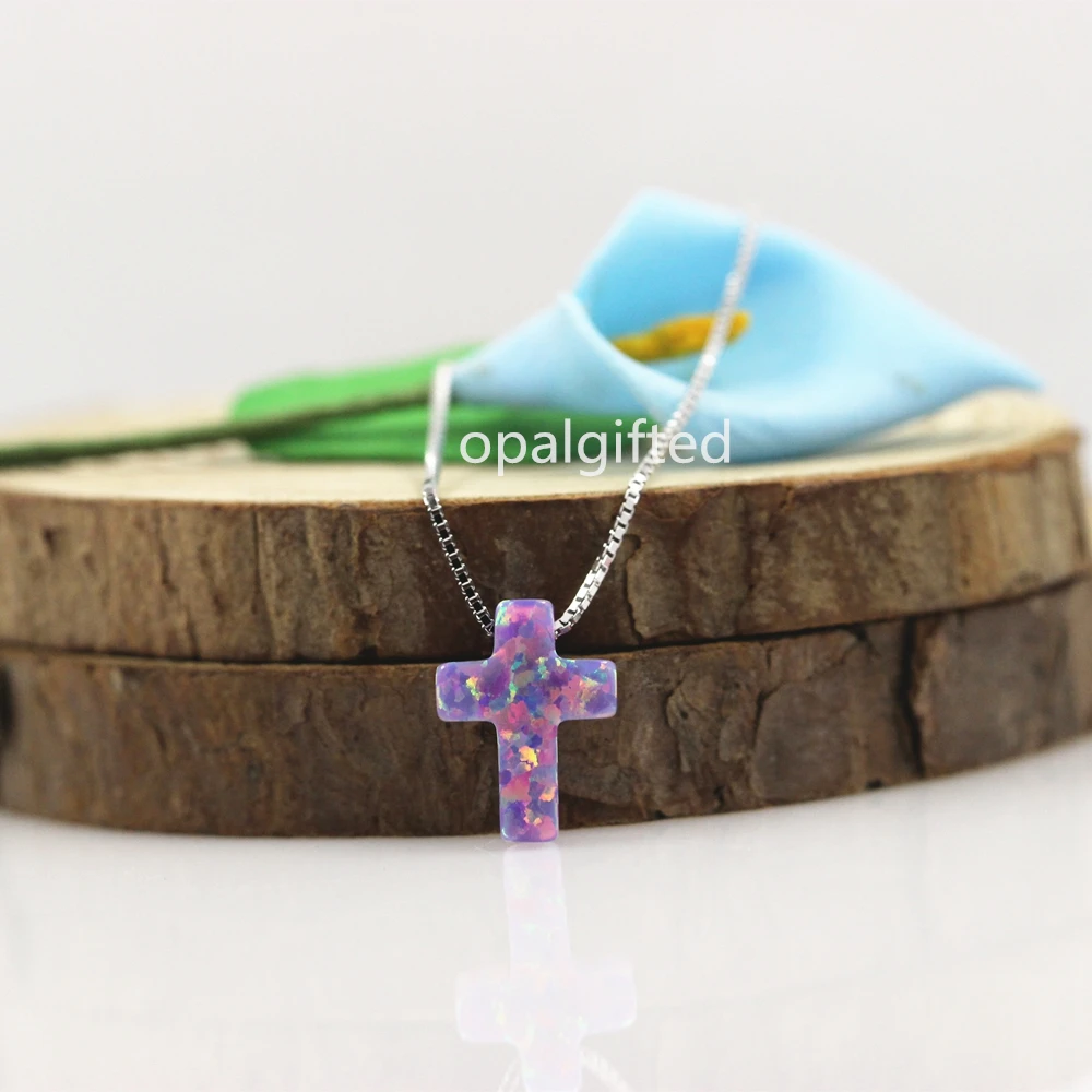 (1pc/lot)Fashion 9*12mm Synthetic light purple op38 Opal cross pendant S925 Silver Necklace Trendy opal cross necklace for gift