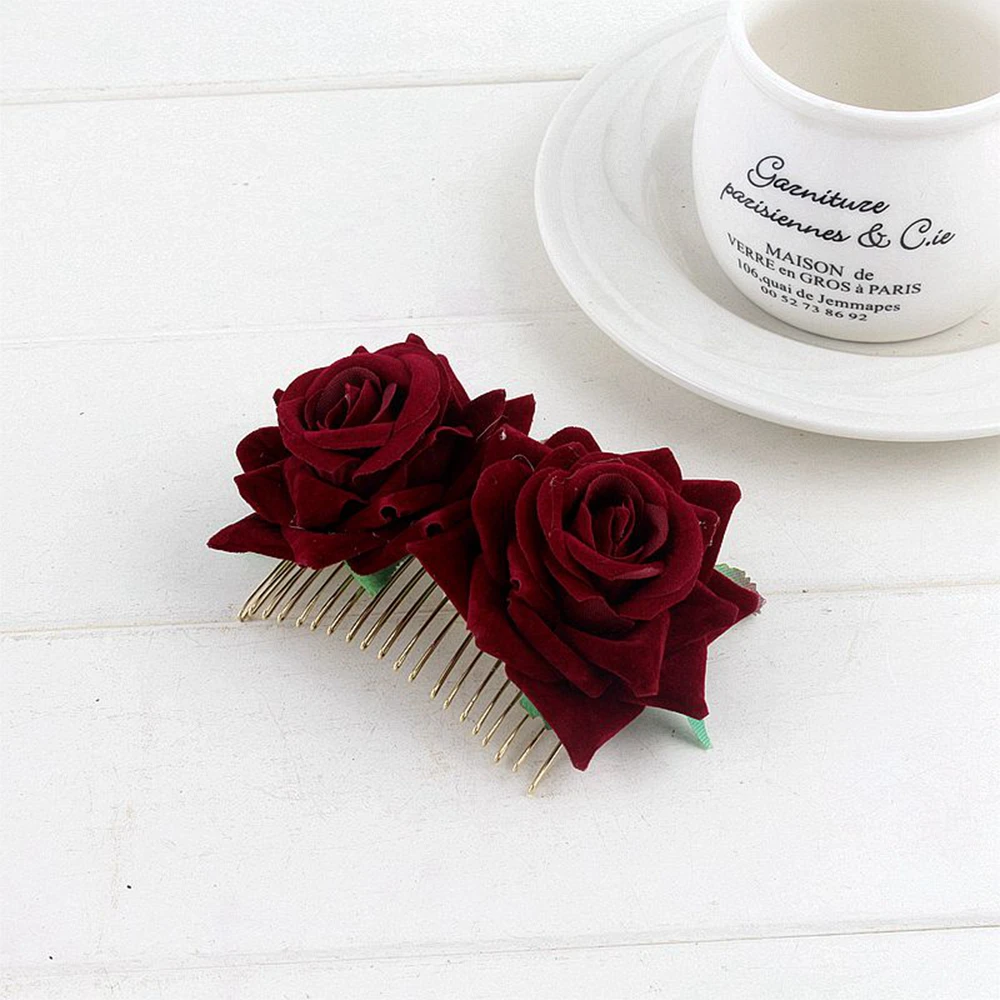 1Pcs Double Silk Artificial Red Rose Flower Hair Comb Purple White  Wedding Bridal Women Romantic Fancy Prom Headpiec