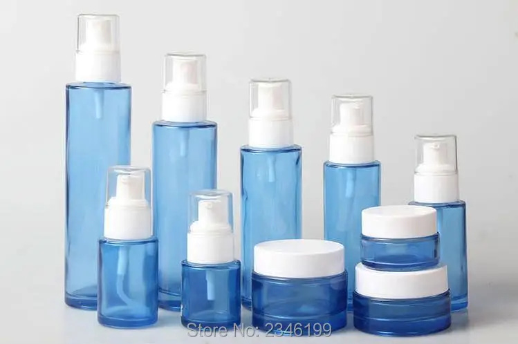 10pcs/lot Empty DIY Blue Glass Cosmetic Containers, Liquid Spray Bottle, Lotion Pump Bottle, Cream Jar, Emulsion Bottle