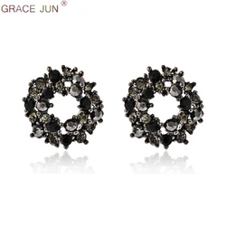 GRACE JUN Vintage Black Color Geometric Rhinestone Clip Earrings and Pierced Earrings for Women Luxury Charm Ear Clip Ornament