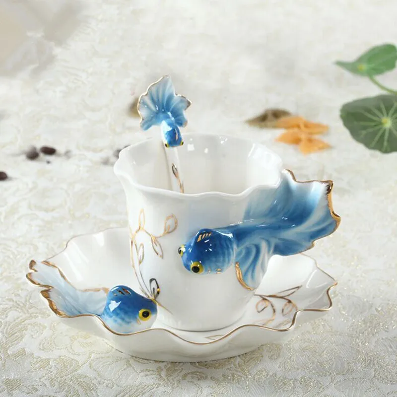 Goldfish Enamel Coffee Cup With Saucer Spoon Hadmade 3D Ceramic Tea Milk Mugs Set Breakfast Water Bottle Christmas Lover Gifts