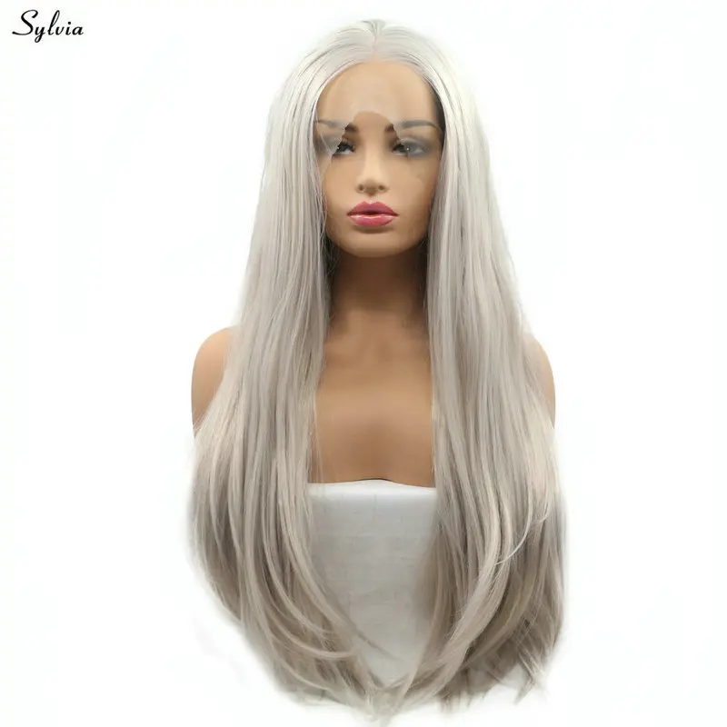 

Sylvia Silver Gray Wig Natural Wave Long Hair Heat Resistant Synthetic Lace Front Wigs for Women Ash Blonde/Platinum Middle Part