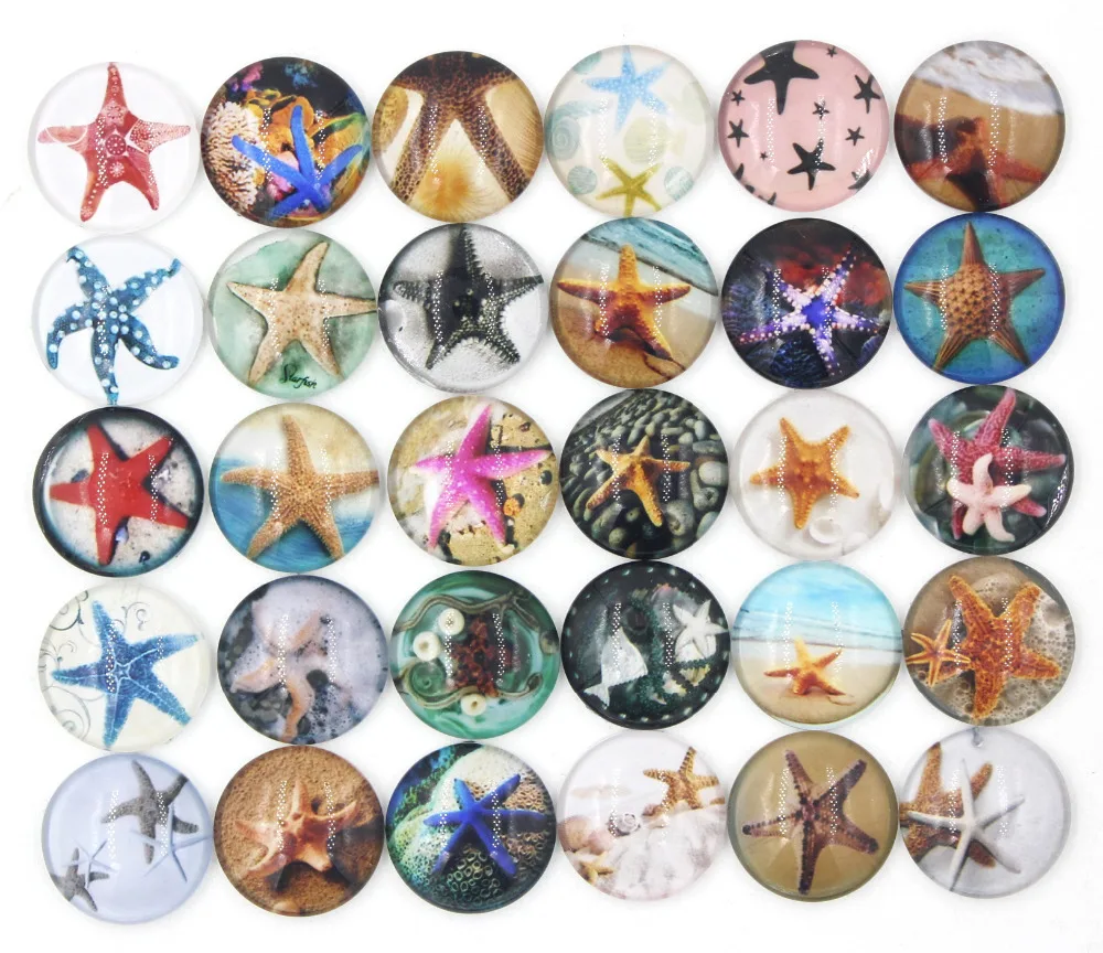 

24pcs/lot NEW Interchangeable Snap Jewelry Cabochone Printed 18mm Glass Ocean Starfish Button for Bracelet Necklace Earring DIY