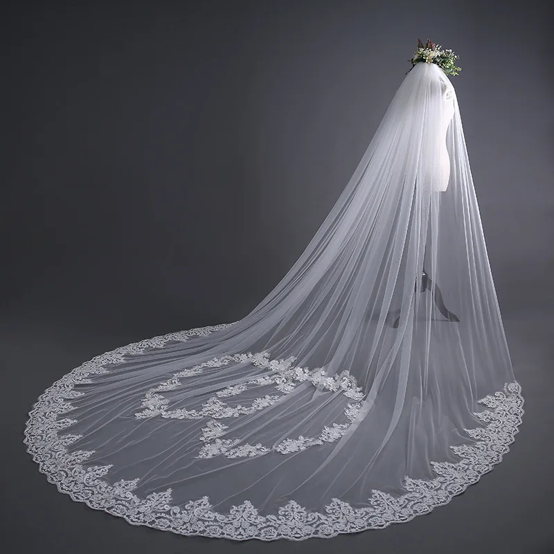 2019 New 3 Meters One Layer Lace Tulle Long Wedding Veil Lace Edge White Ivory 3 M Bridal Veil with Comb Velos De Novia