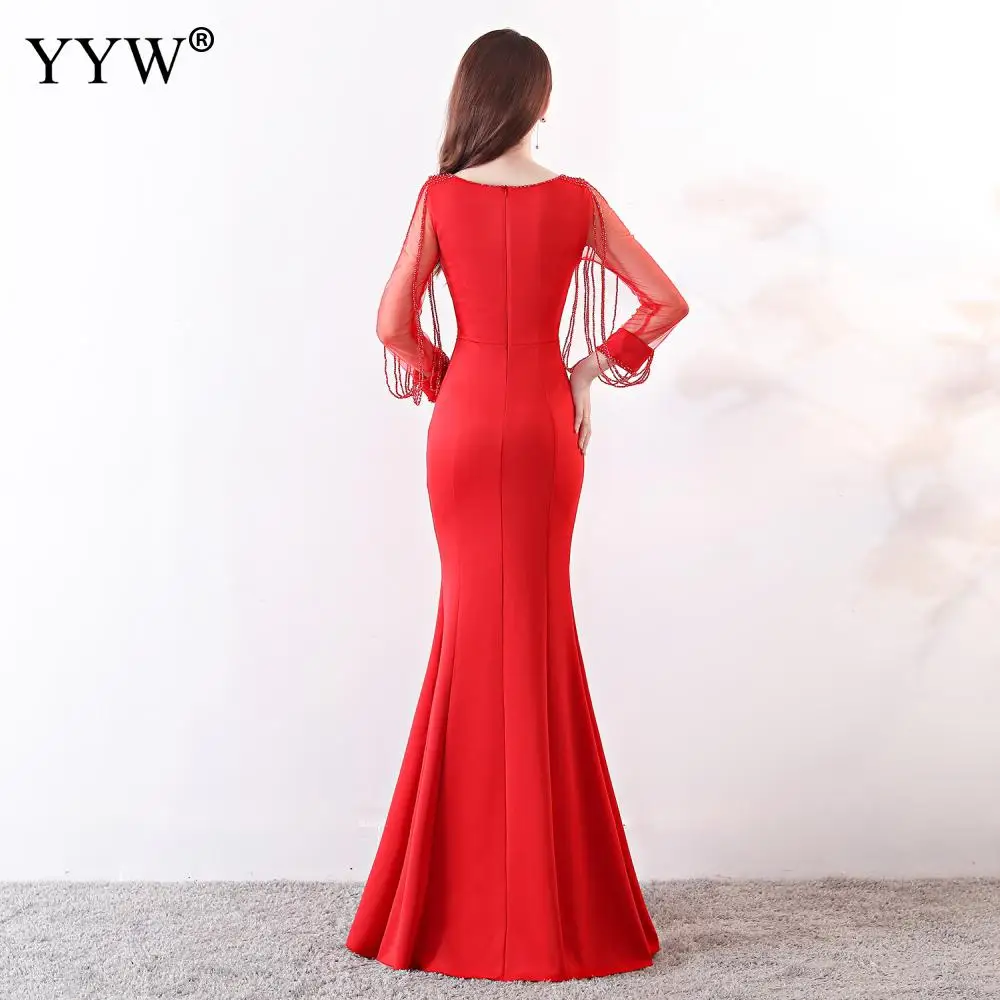 Elegant Celebrity Party Mermaid Dress Women Wine Red Long Sleeve Rhinestone Chain Fishtail Long Party Dress Club Formal Vestidos