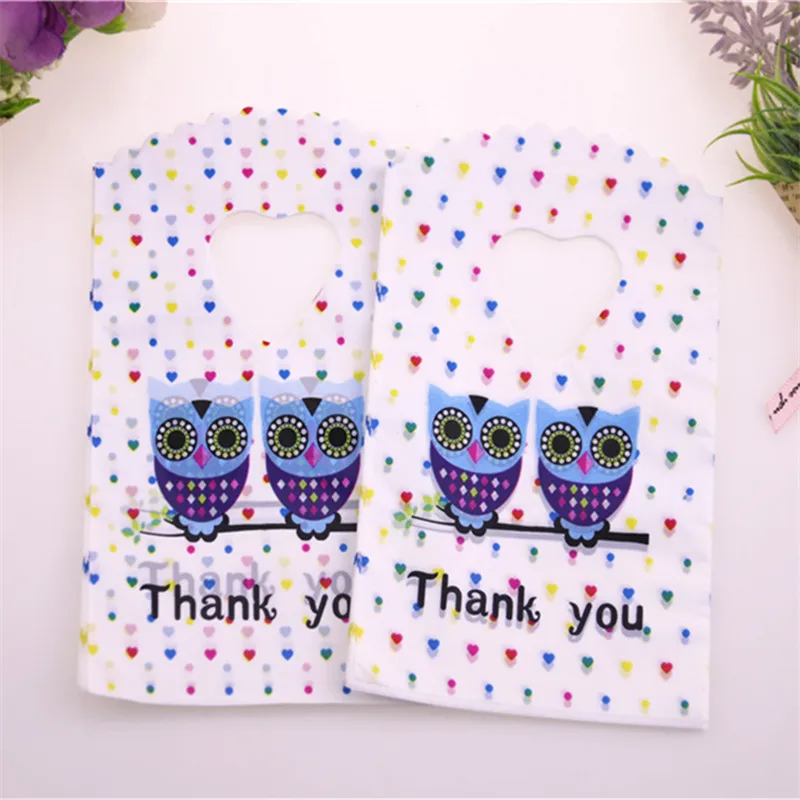 Fashion 50pcs/lot 9*15cm Small Plastic Jewelry Accessories Packaging Bags With Owl Thank You Mini Gift Bags