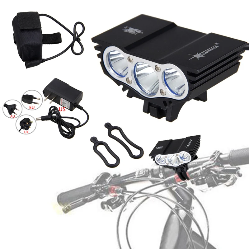 Waterproof Bike Light 3xLED Front Bicycle Headlight 4 Modes Safety Night Cycling Lamp+Rechargeable Battery Pack+Charger