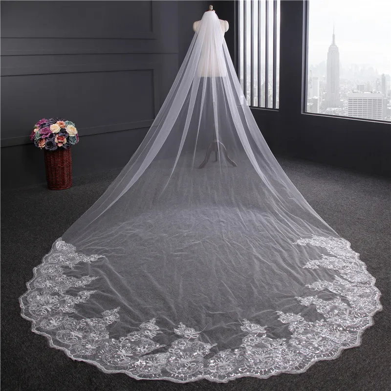 JaneVini Elegante Bruiloft Sluier Lange Kathedraal Een Layer Applicaties Edge Lovertjes Soft Bridal Veils met Kam Velo Novia 3 Metros