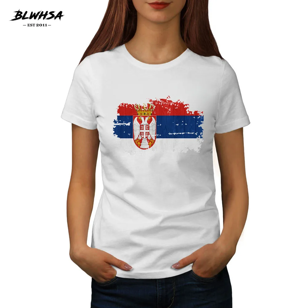 BLWHSA Brand New Women T Shirt Nostalgic Serbia National Flag Casual Short Sleeve Cotton O-Neck T-Shirts For Women