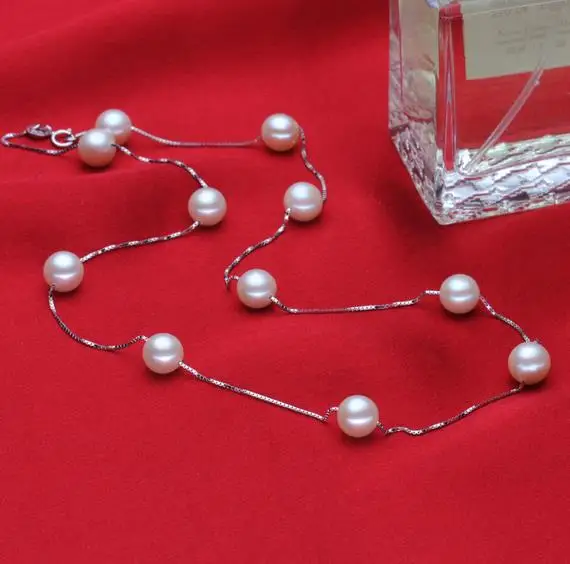 Terisa Pearljewelry 18 Inches AAA Top Quality 7-8mm White Natural Freshwater Pearl Tin Cup Necklace Free Shipping