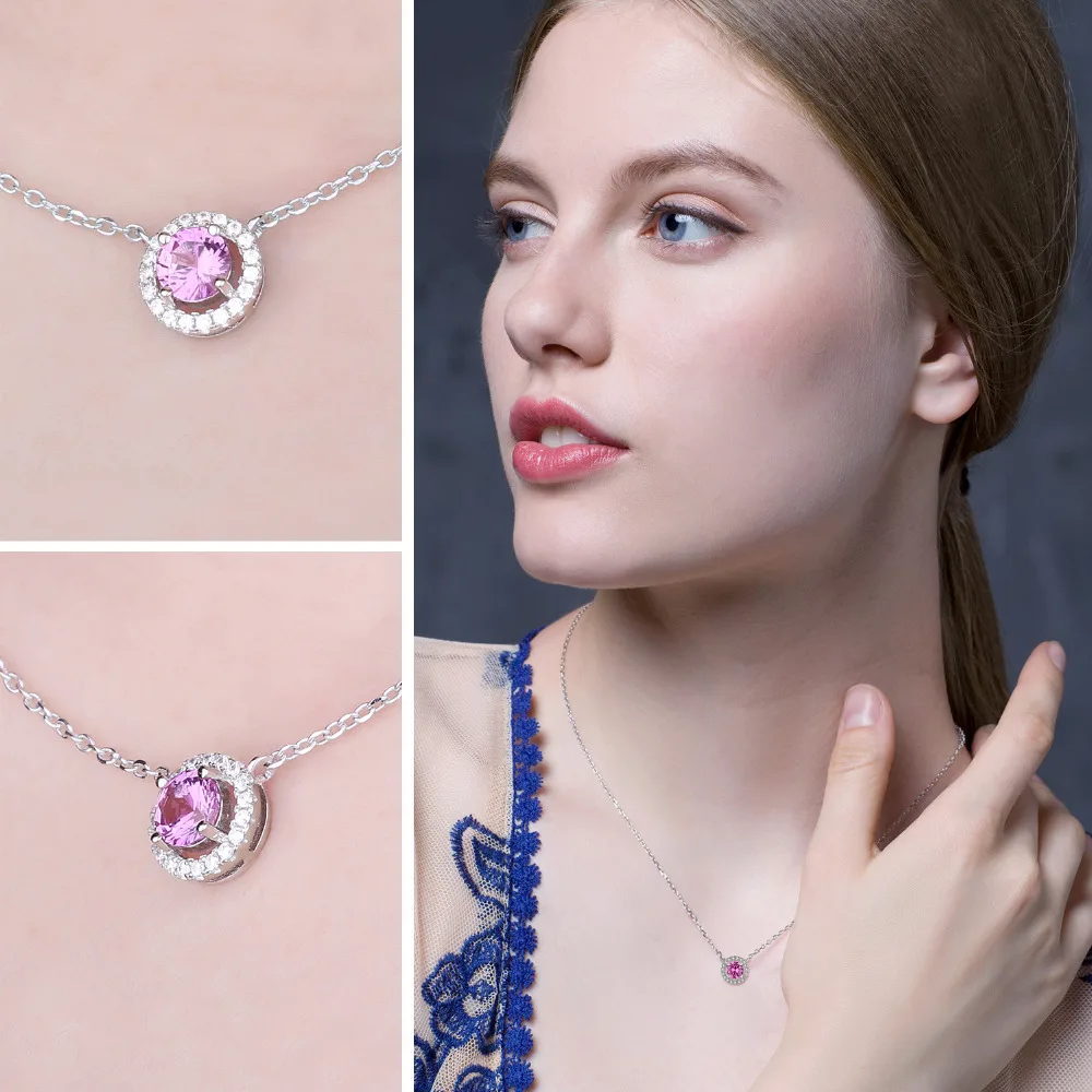 JewelryPalace Round 1.1ct Created Pink Sapphire 925 Sterling Silver Pendant Necklace for Women Trendy Gemstone Fine Jewelry 45cm