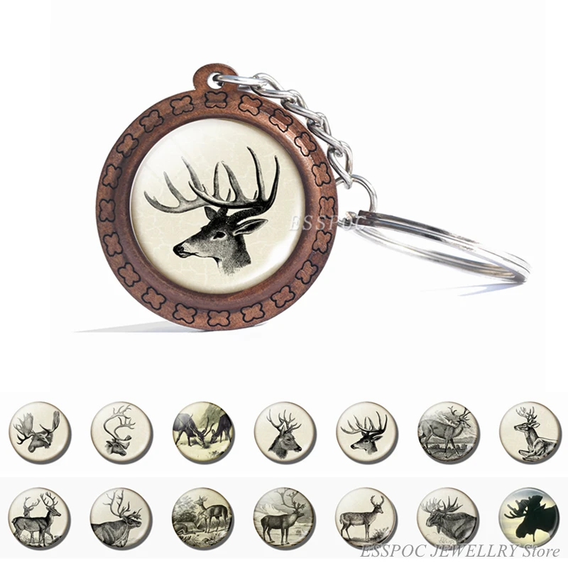 Deer Wooden Keychain Glass Cabochon Jewelry Women Men Vintage Animal Pendant Black and White Elk Key Chain Christmas Gifts