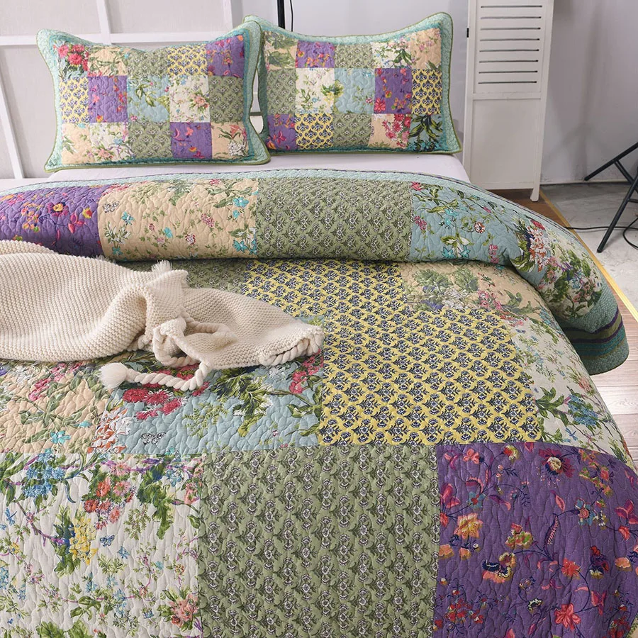 CHAUSUB Patchwork Quilt Bedspread Set 3PCS King Queen Size Pastoral Cotton Quilted Blanket with 2 Pillowcase Summer Coverlet 3