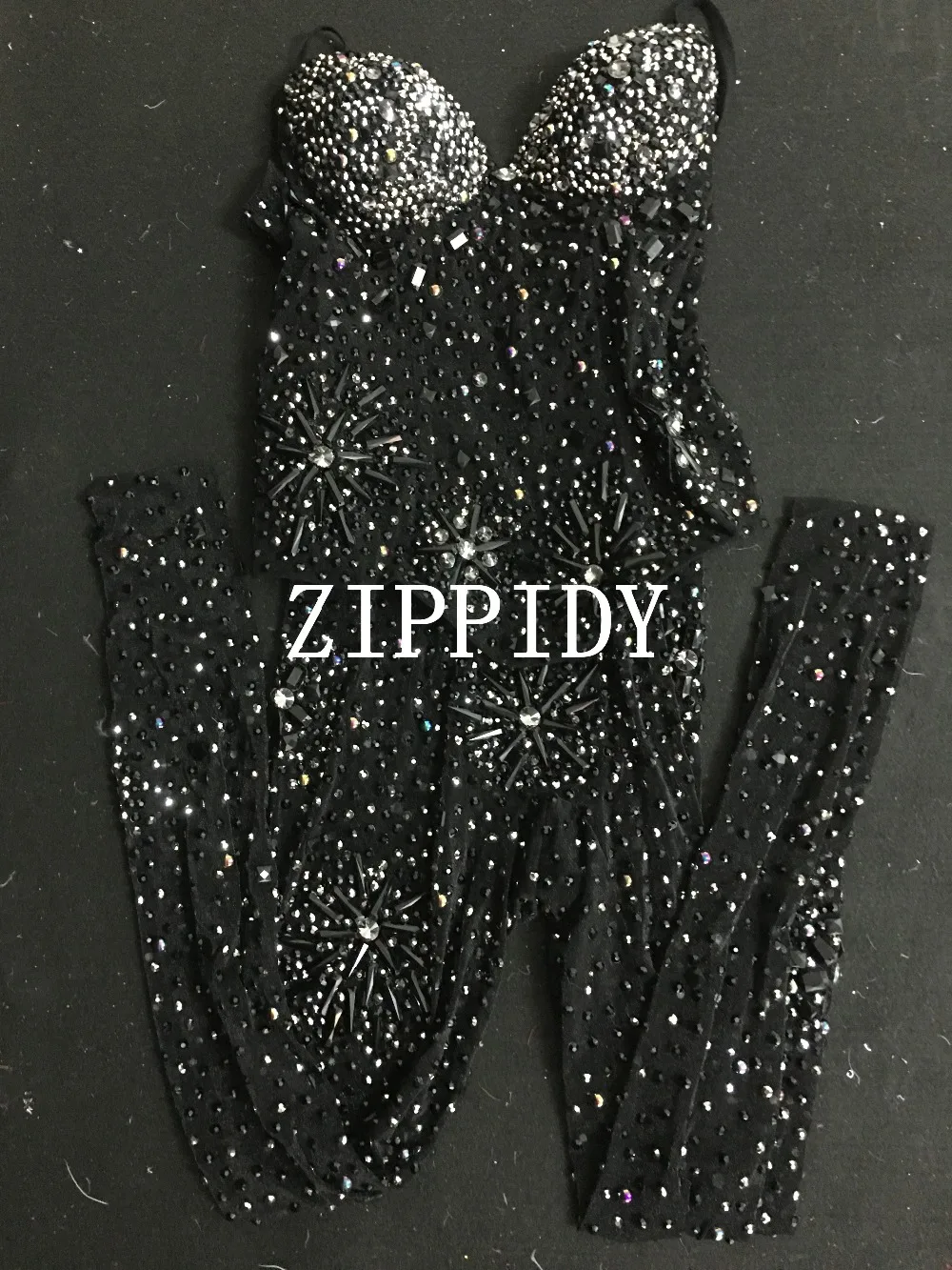 Flashing Full Black Rhinestones Mesh See Through Jumpsuit Nightclub Women Dance Show Bodysuit Leggings Birthday Party Outfit