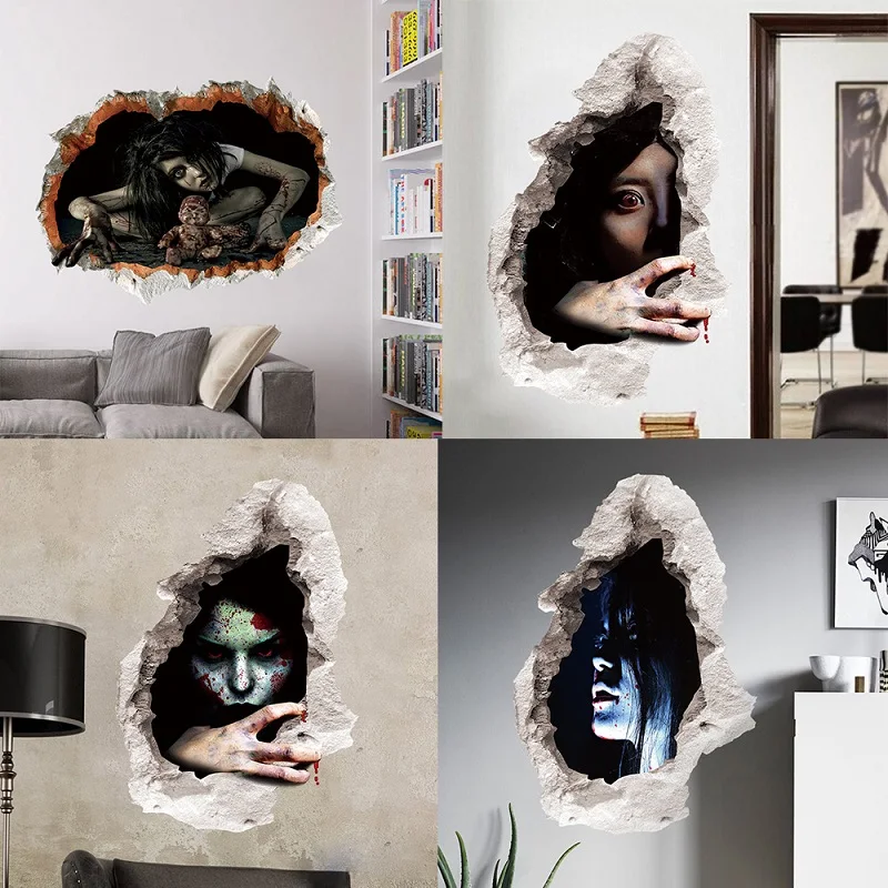 

Horrible Bloody Women Wall Stickers For Halloween Festival Home Decoration 3d Vivid Broken Hole Mural Art Diy Pvc Decals