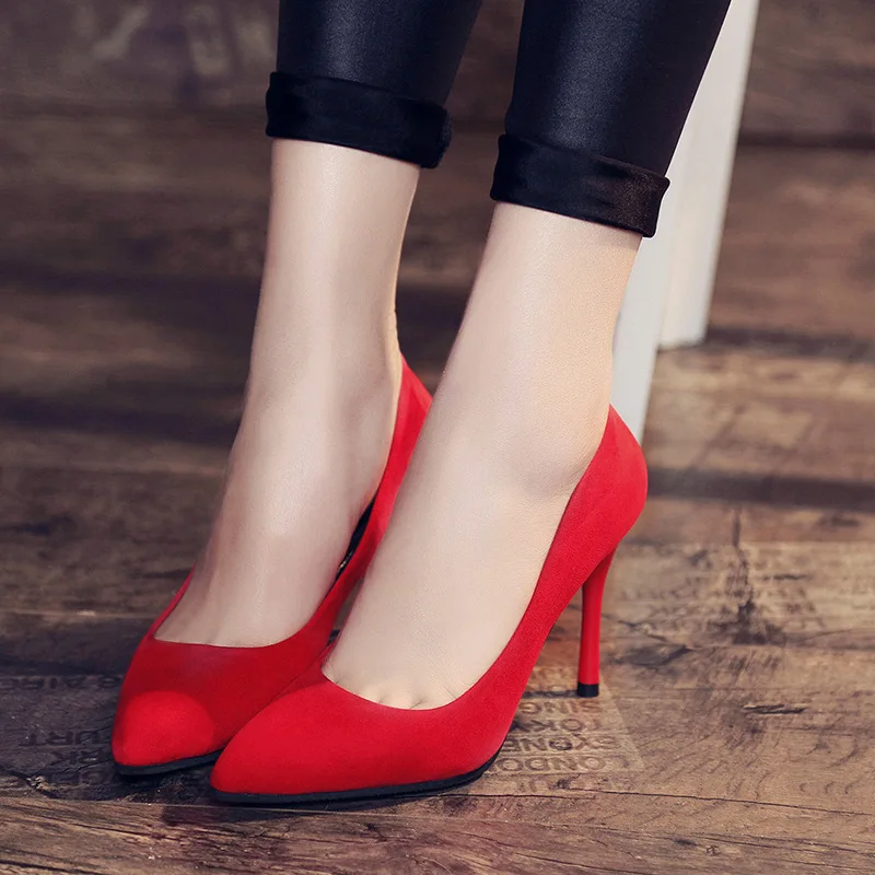 New Plus Size Office Lady Shoes Faux Suede High Heels Woman Shoes Pointed Toe Dress Shoes Basic Pumps Women Boat sandals