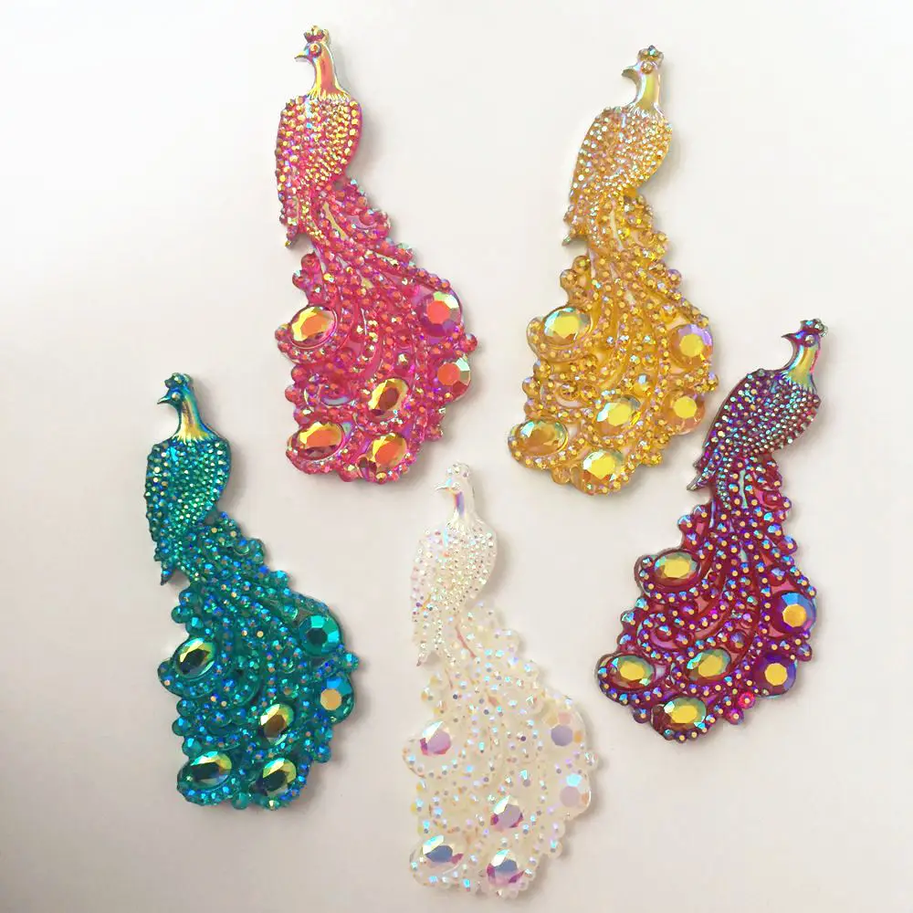 New 5pcs 30*66mm Mix AB Resin Peacock Flatback Rhinestone Wedding DIY 2 Hole Ornaments F439