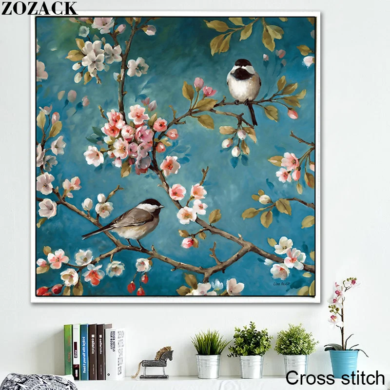 Zozack Needlework,DMC DIY cross-stitch,Full embroidery kits,Plum blossom Birdie patterns chinese cross stitch printed on canva