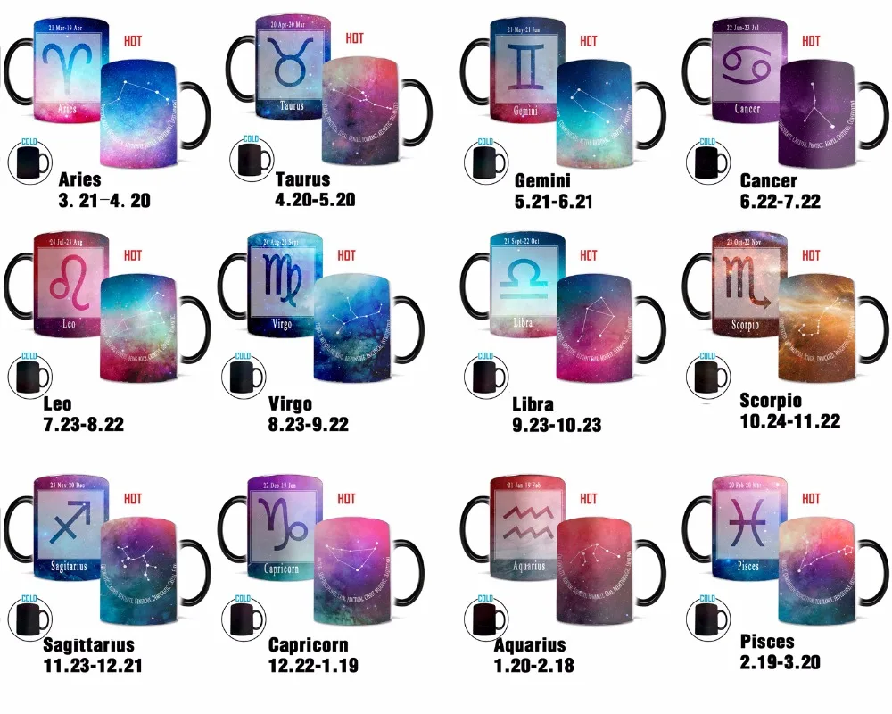 Fashion Aquarius 12 Constellations 350ml Ceramic coffee mug Heat sensitive Color changing mug magic tea cup best gift for friend