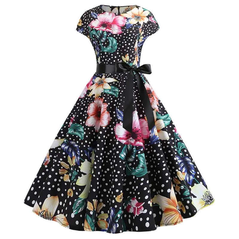 

Women Summer Dresses Robe 50s 60s Vintage Pin Up Swing Rockabilly Floral Print Black Dress Casual Beach Midi Vestidos