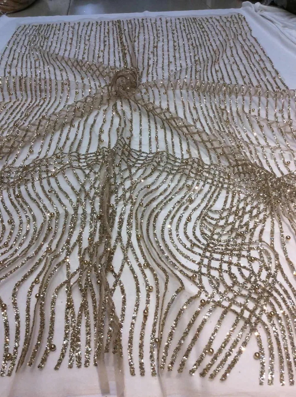 

ap217# 5 yards champagne gold pearls sparkly hand print glued glitter net tulle mesh sugar lace fabric for sawing dress