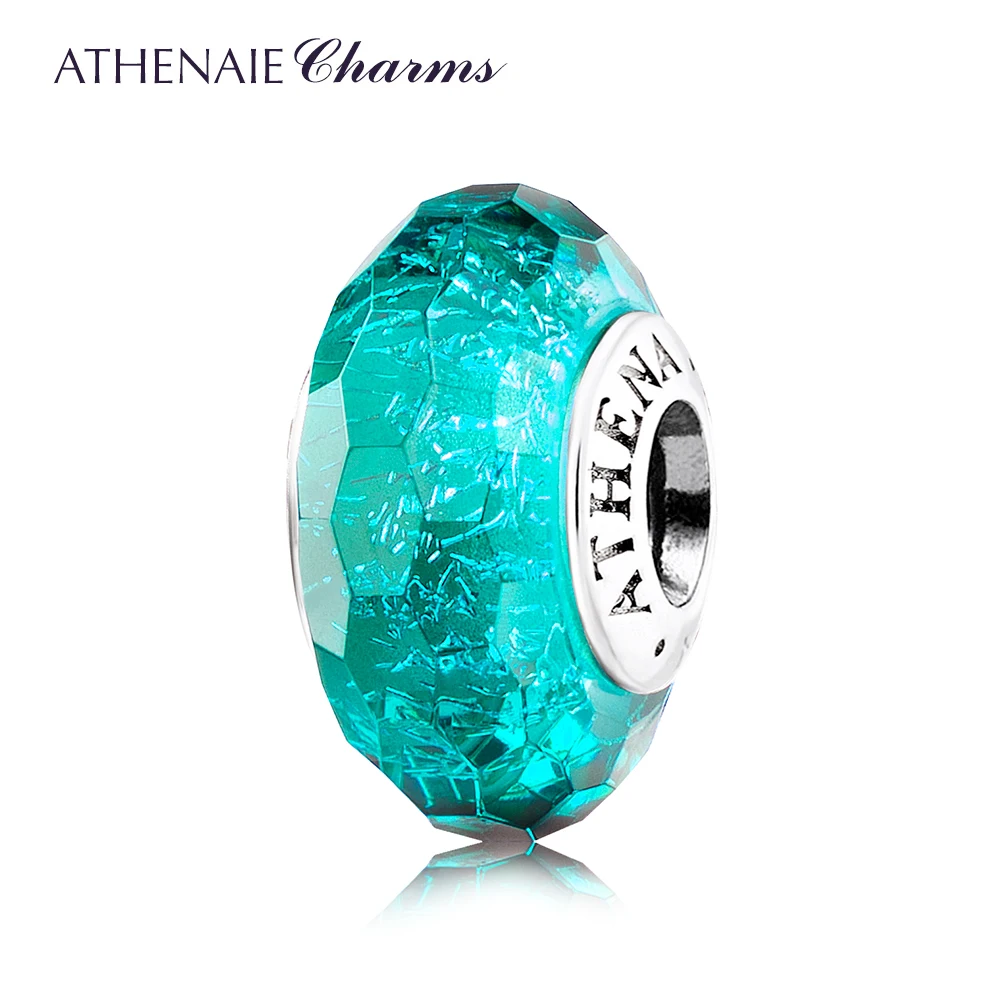 ATHENAIE Real 925 Silver Faceted Murano Glass Beads Fascinating Iridescence Teal Shimmer Charms Bead Fit All European Bracelet