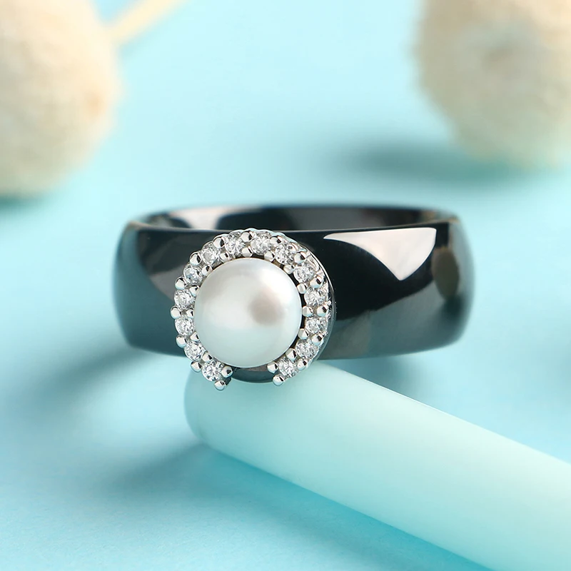 S925 Sterling Silver Rings for Women  Real Pearl Ring Gemstone Ceramic Romantic Gift Engagement Jewelry