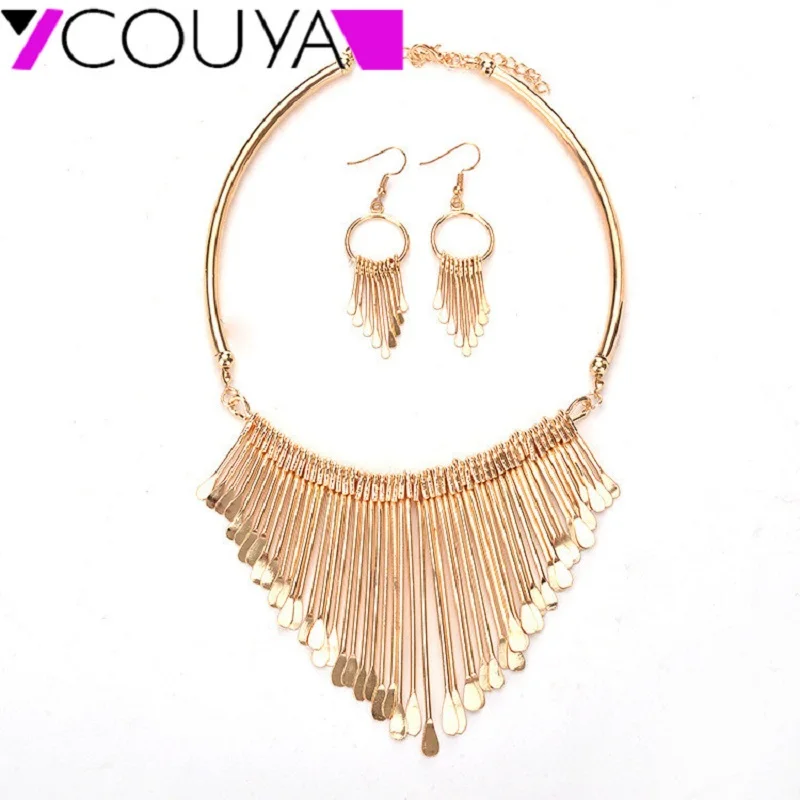 Fashion Collier Stylish Pretty Femme Silver color Tassels Bohemian Pendant Colar Statement Necklaces and Earrings set Jewelry