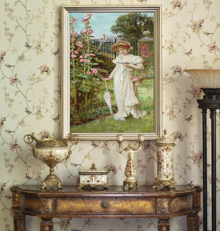 Best selling products bulk items hand painted wallpaper flower backdrop a girl hold an umbrella oil painting for bedroom