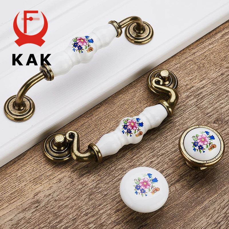 KAK Antique Bronze Ceramic Cabinet Handles Zinc Alloy Drawer Knobs Wardrobe Door Handles Morning Glory European Furniture Handle