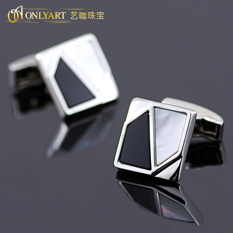 OnlyArt masoic semi-precious Stone Shell and Onyx square man shirt cuff link for wedding Jewelry