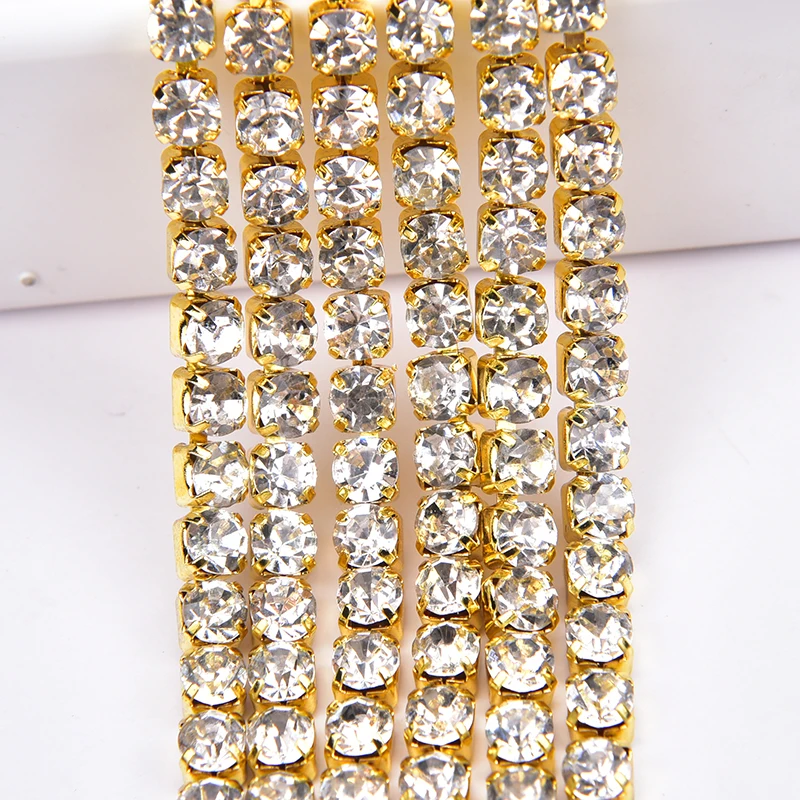 10yards/Lot AAAAA High Quality Glas Rhinestone Fringe Chain Clear Crystal AB With Silver/Gold Metal Base Trim Sewing SS6-SS28